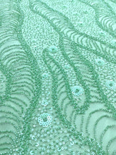 Dantela Couture Verde Menta cu Model Geometric si Flori, cu Margele si Paiete